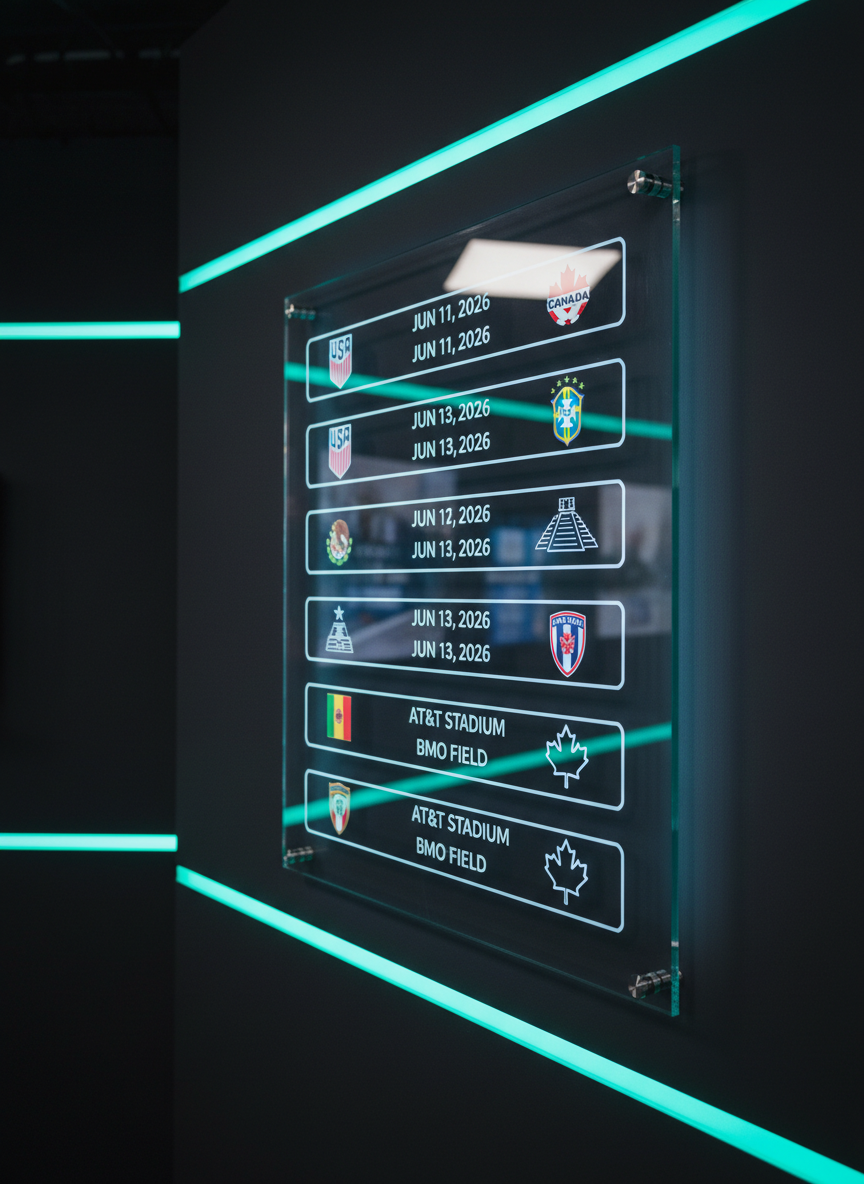 A meticulously detailed World Cup 2026 match schedule board displayed on a sleek, wall-mounted transparent glass panel, each fixture represented by crisp team crests, dates, and stadium icons in sharp high-resolution graphics. The board is set in a modern, dimly lit media studio with dark charcoal walls and subtle LED strips glowing in cool blue and green along the edges. Soft, focused studio lighting illuminates the glass surface, creating delicate reflections and a professional sheen, while the background falls into a gentle blur. Captured from a slightly angled, eye-level perspective in photographic realism, the composition emphasizes clarity and organization, evoking a professional, data-driven atmosphere perfect for a news site dashboard hero image.