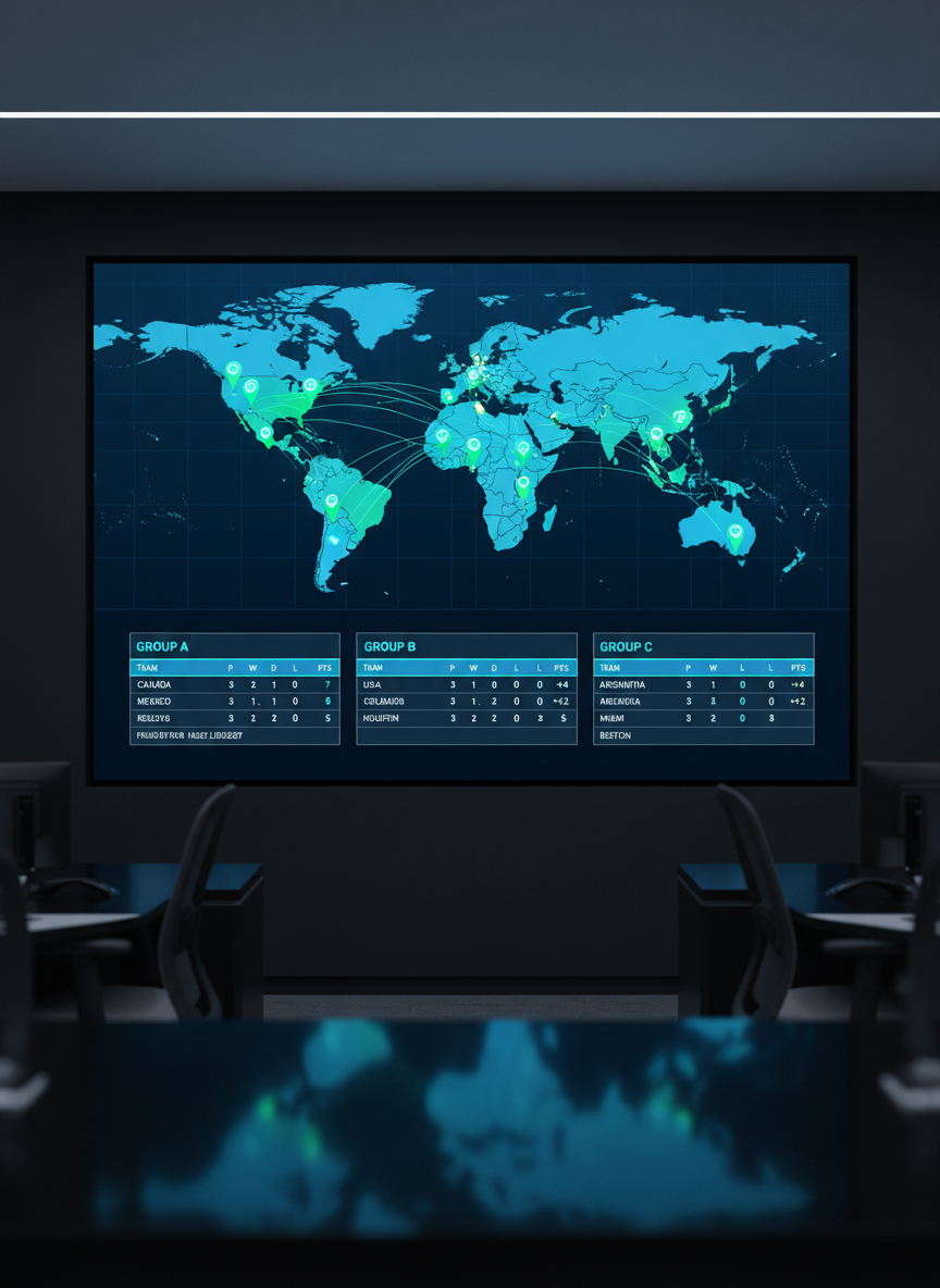 A large, ultra-modern digital world map displayed on a thin-bezel LED screen, highlighting all World Cup 2026 host cities with luminous pins connected by fine, glowing lines. Below the map, horizontally aligned, clean rectangular panels show live-style group tables with team standings, points, and goal differences in precise typography. The setting is a sleek newsroom environment with dark matte surfaces and subtle reflections. Cool, diffused overhead lighting creates a balanced, minimal glare on the screen, enhancing legibility. Photographic realism from a slightly elevated wide-angle viewpoint showcases the entire setup, with a calm yet dynamic mood that suggests real-time analysis and global connectivity for a professional news platform.